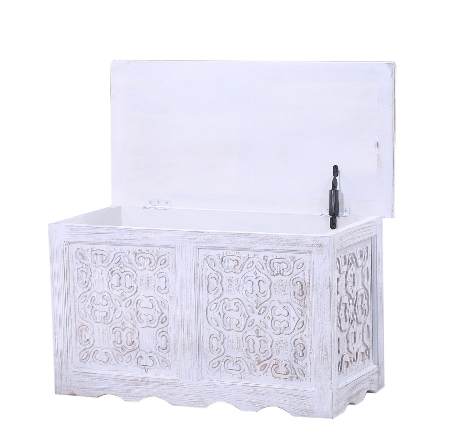 Hand-Carved Wooden Storage Chest White Washed Trunk with Custom Finish Option