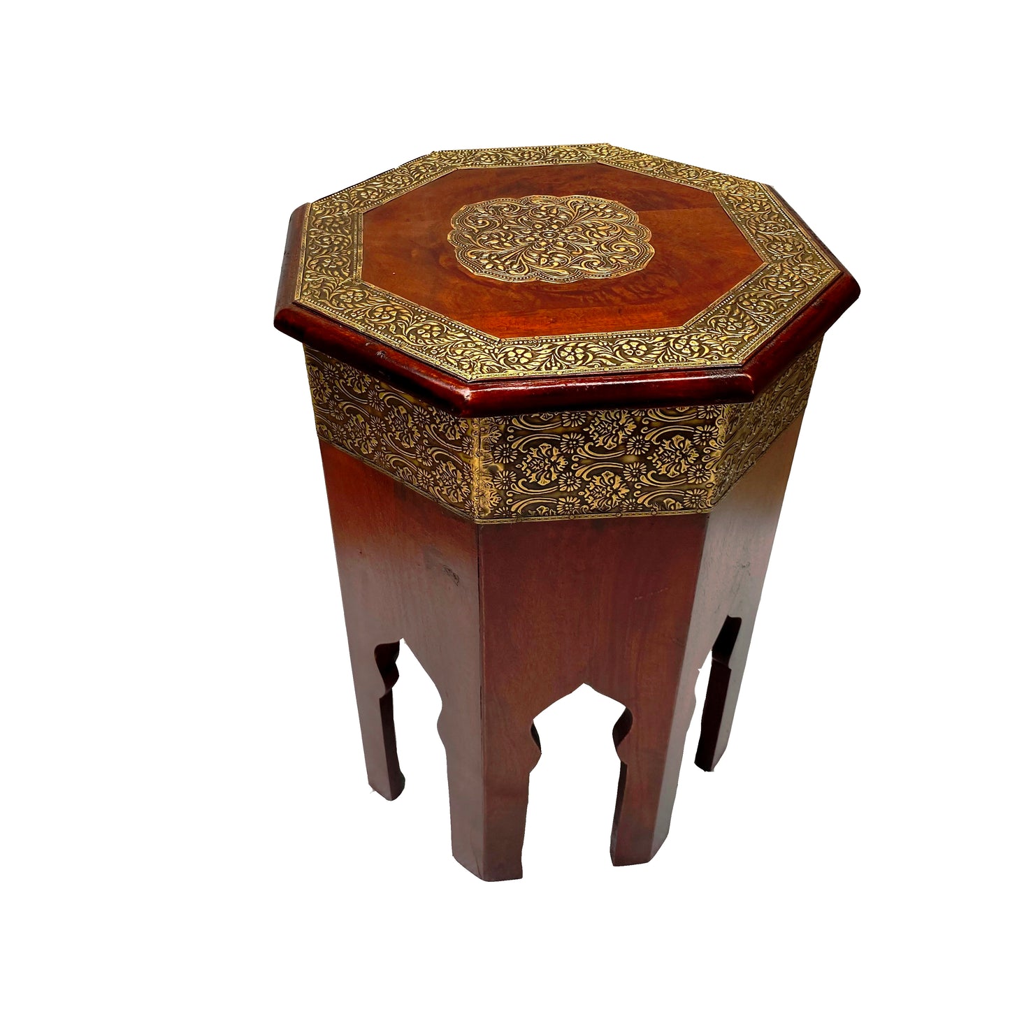 Handcrafted Mango Wood Octagonal Stool with Intricate Brass Inlay