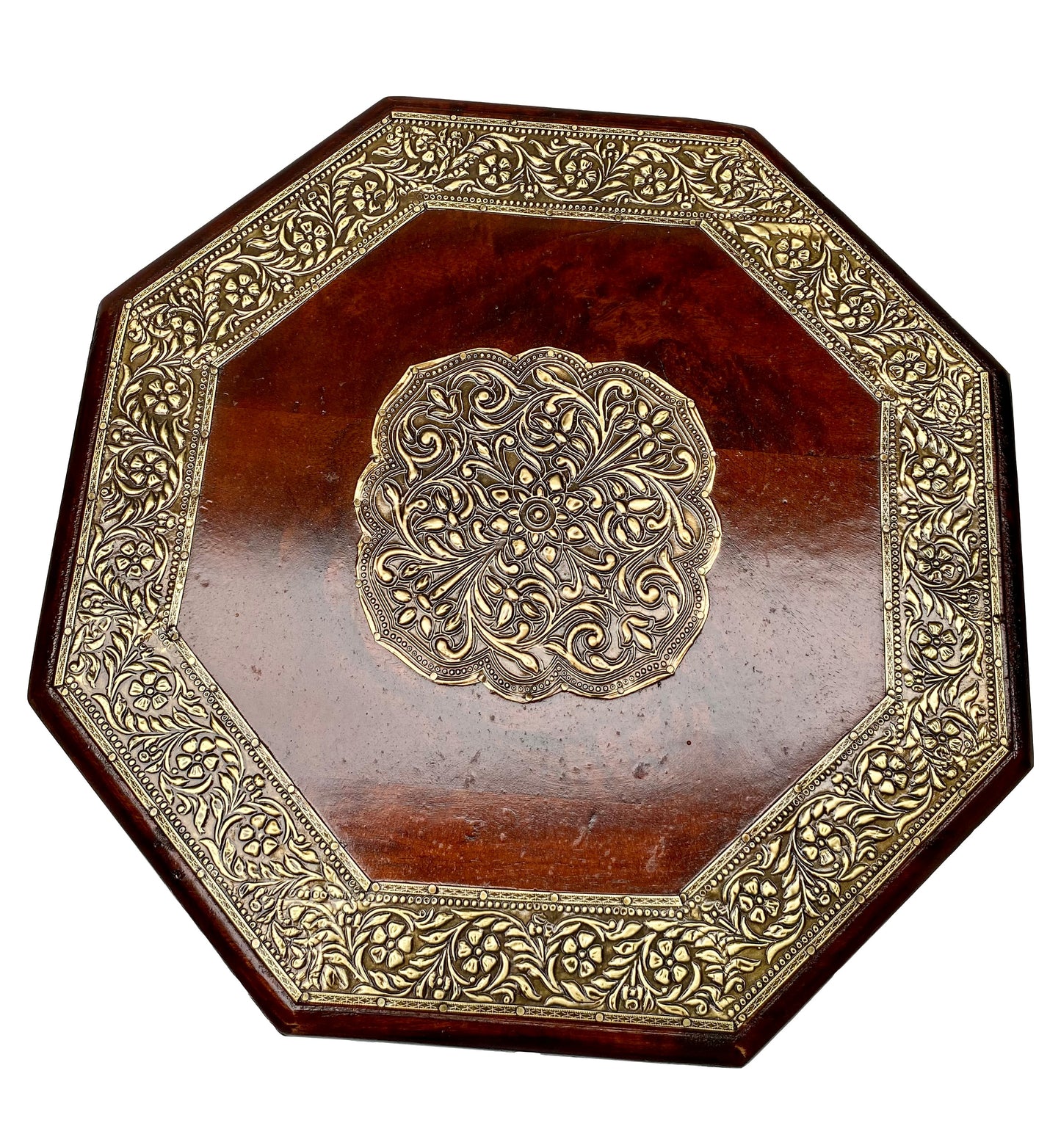 Handcrafted Mango Wood Octagonal Stool with Intricate Brass Inlay