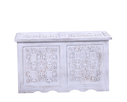 Hand-Carved Wooden Storage Chest White Washed Trunk with Custom Finish Option