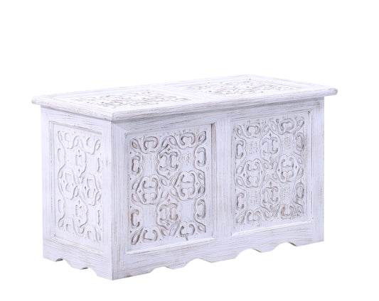 Hand-Carved Wooden Storage Chest White Washed Trunk with Custom Finish Option
