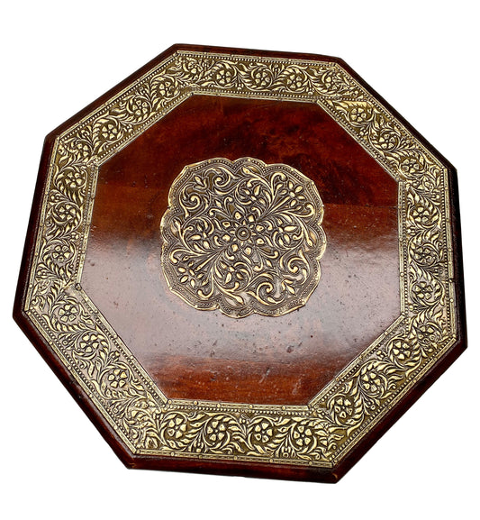 Handcrafted Mango Wood Octagonal Stool with Intricate Brass Inlay