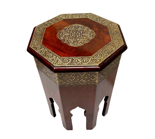 Handcrafted Mango Wood Octagonal Stool with Intricate Brass Inlay