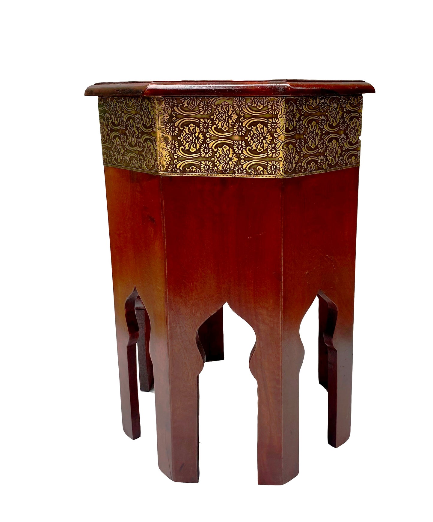 Handcrafted Mango Wood Octagonal Stool with Intricate Brass Inlay